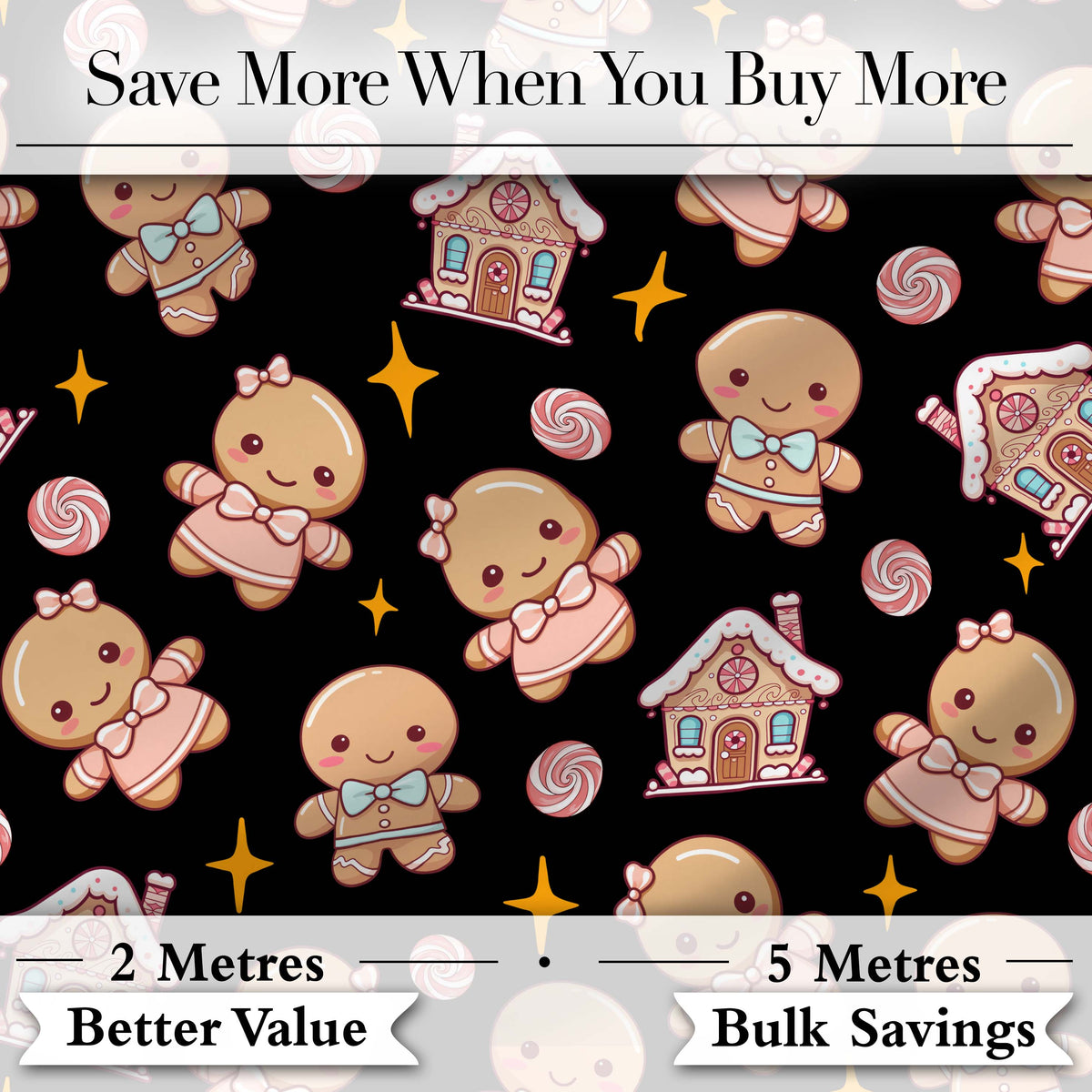 Cute Gingerbread Cookies Candy Stars Black Background Seamless Pattern Digital Print Fabric by the Metre UK Sewing Quilting Textile