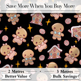 Cute Gingerbread Cookies Candy Stars Black Background Seamless Pattern Digital Print Fabric by the Metre UK Sewing Quilting Textile