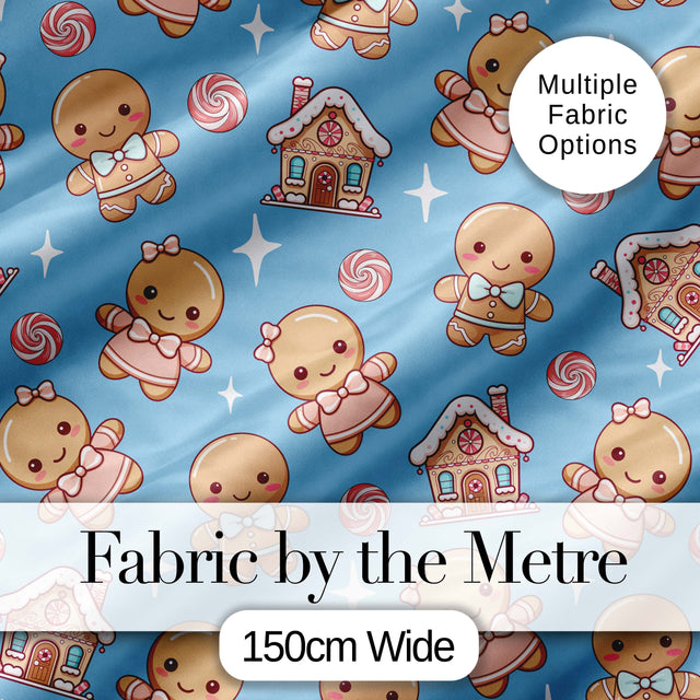 Cute Gingerbread Cookies Candy House Sweets Blue Background Seamless Pattern Digital Print Fabric by the Metre UK Sewing Quilting Textile