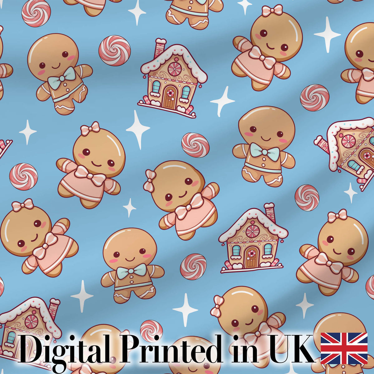 Cute Gingerbread Cookies Candy House Sweets Blue Background Seamless Pattern Digital Print Fabric by the Metre UK Sewing Quilting Textile