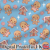 Cute Gingerbread Cookies Candy House Sweets Blue Background Seamless Pattern Digital Print Fabric by the Metre UK Sewing Quilting Textile
