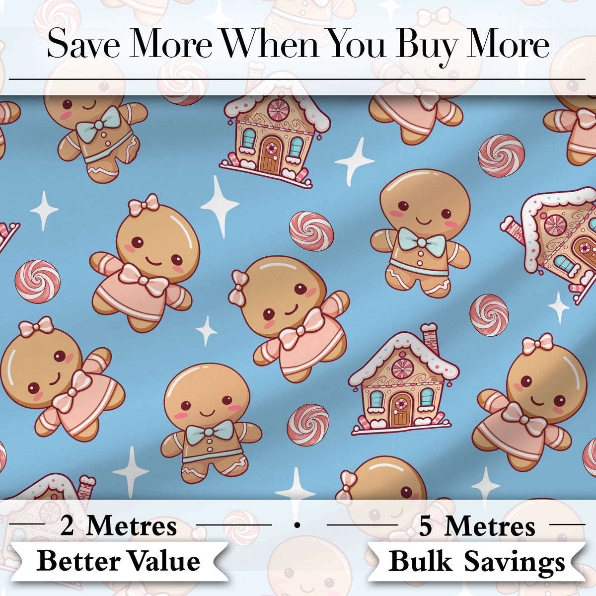 Cute Gingerbread Cookies Candy House Sweets Blue Background Seamless Pattern Digital Print Fabric by the Metre UK Sewing Quilting Textile