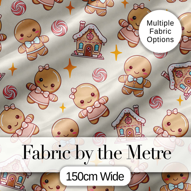 Cute Gingerbread Cookies Candy House Sweets Cream Background Seamless Pattern Digital Print Fabric by the Metre UK Sewing Quilting Textile