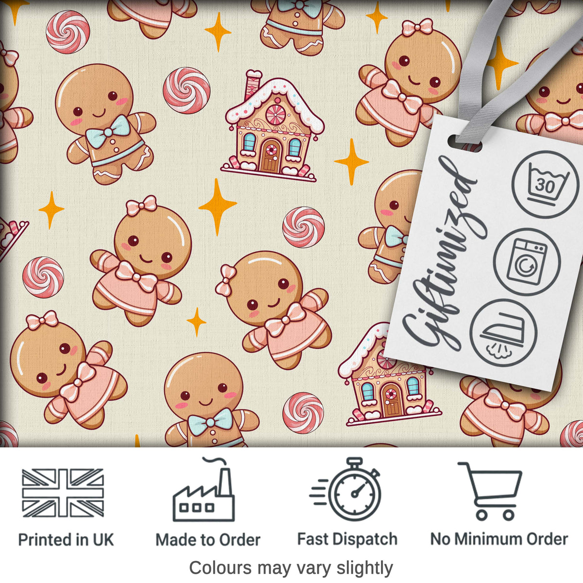 Cute Gingerbread Cookies Candy House Sweets Cream Background Seamless Pattern Digital Print Fabric by the Metre UK Sewing Quilting Textile