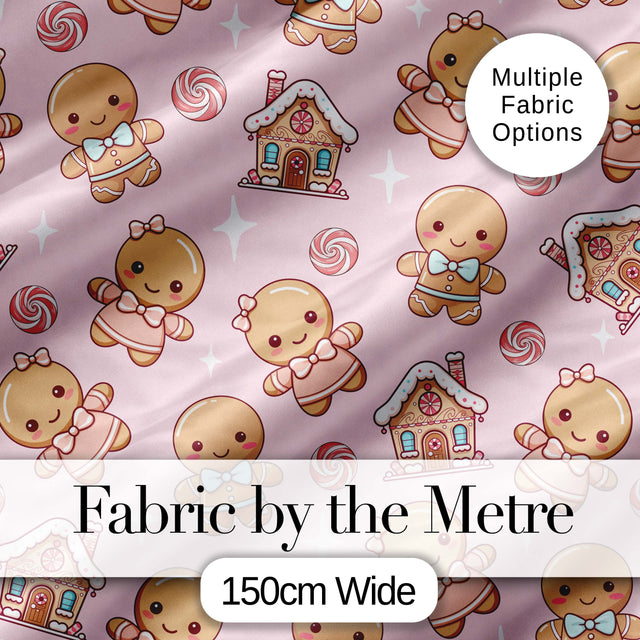 Gingerbread Cookies Candy House Sweets Blush Pink Background Seamless Pattern Digital Print Fabric by the Metre UK Sewing Quilting Textile