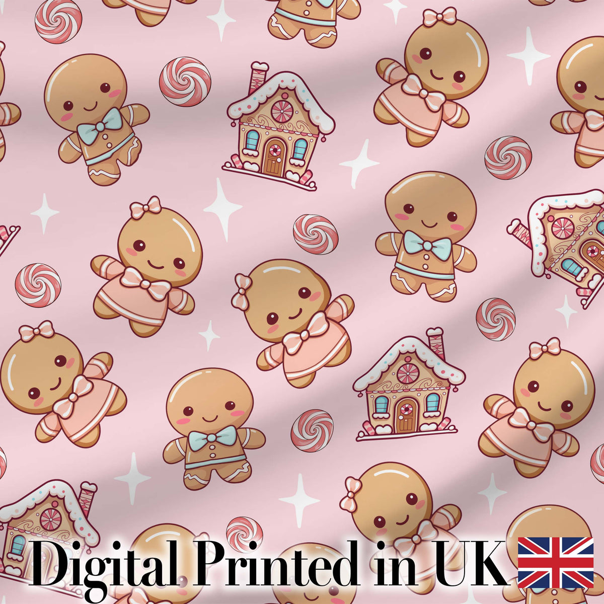 Gingerbread Cookies Candy House Sweets Blush Pink Background Seamless Pattern Digital Print Fabric by the Metre UK Sewing Quilting Textile