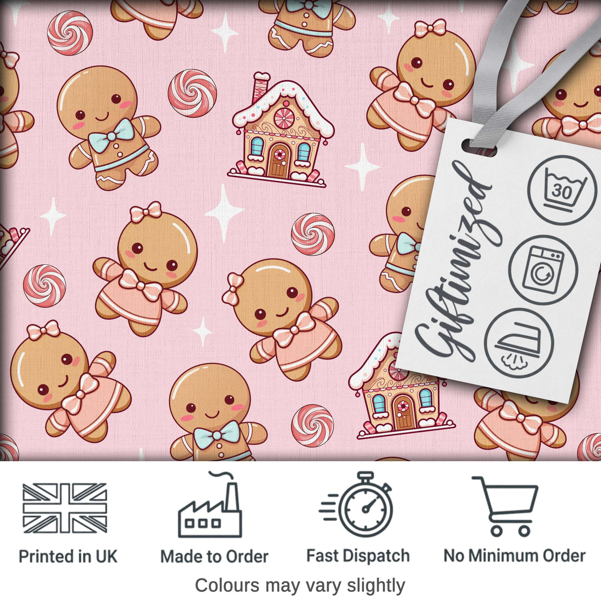 Gingerbread Cookies Candy House Sweets Blush Pink Background Seamless Pattern Digital Print Fabric by the Metre UK Sewing Quilting Textile