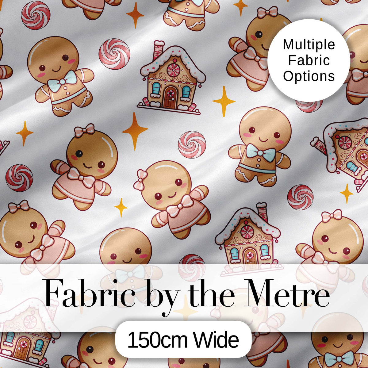 Cute Gingerbread Cookies Candy House Sweets White Background Seamless Pattern Digital Print Fabric by the Metre UK Sewing Quilting Textile