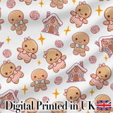 Cute Gingerbread Cookies Candy House Sweets White Background Seamless Pattern Digital Print Fabric by the Metre UK Sewing Quilting Textile