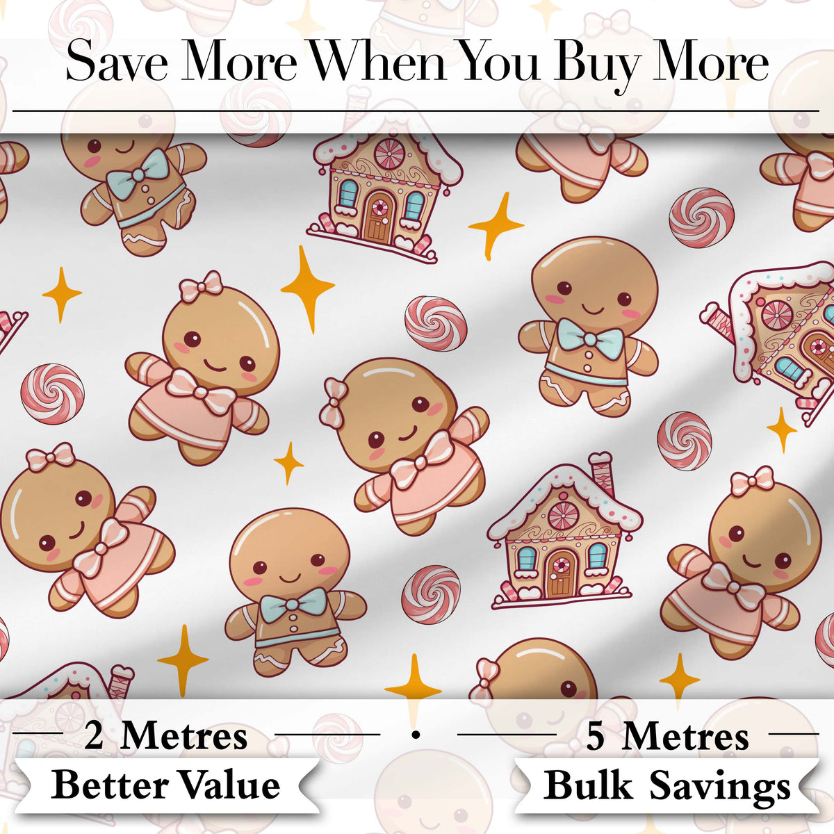 Cute Gingerbread Cookies Candy House Sweets White Background Seamless Pattern Digital Print Fabric by the Metre UK Sewing Quilting Textile