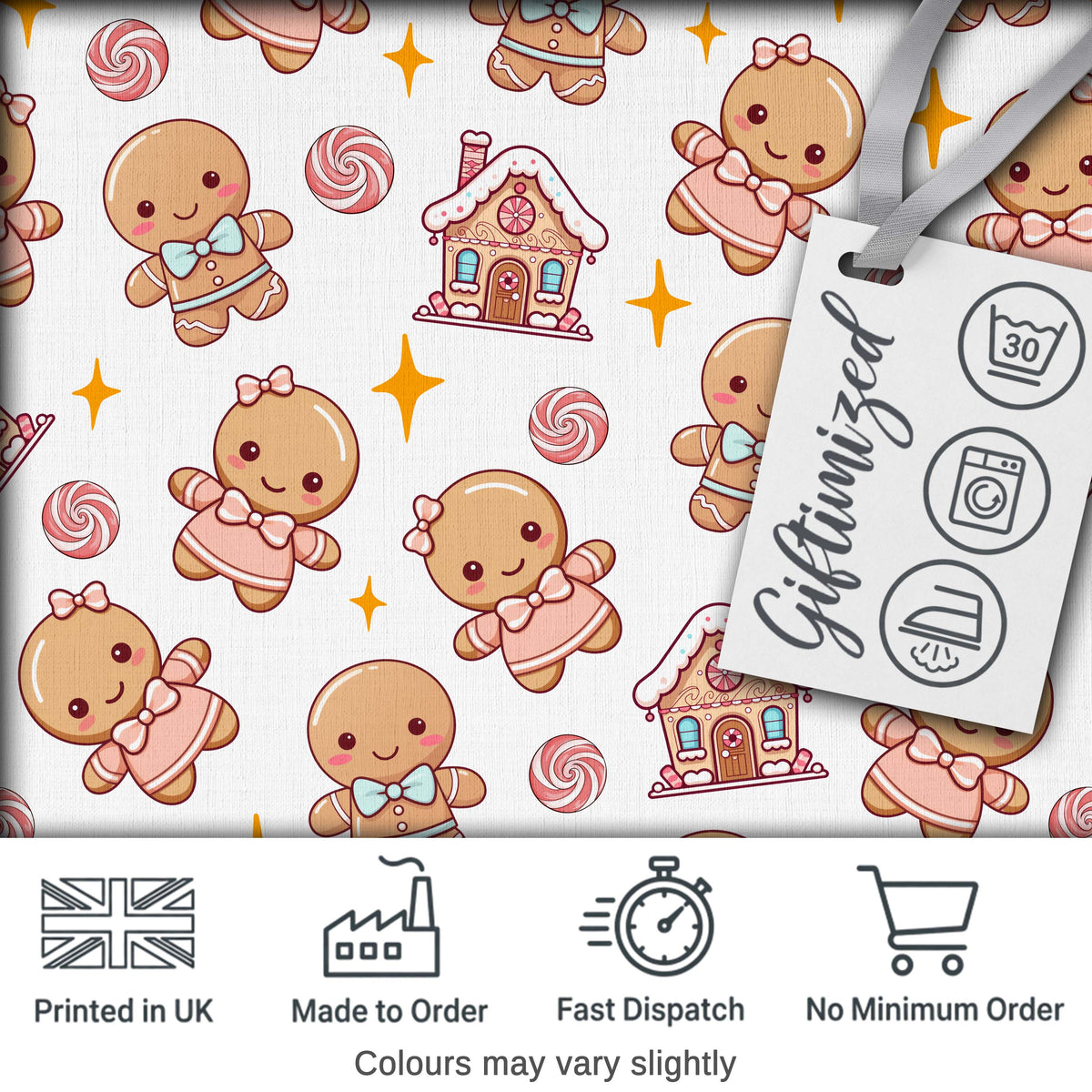 Cute Gingerbread Cookies Candy House Sweets White Background Seamless Pattern Digital Print Fabric by the Metre UK Sewing Quilting Textile