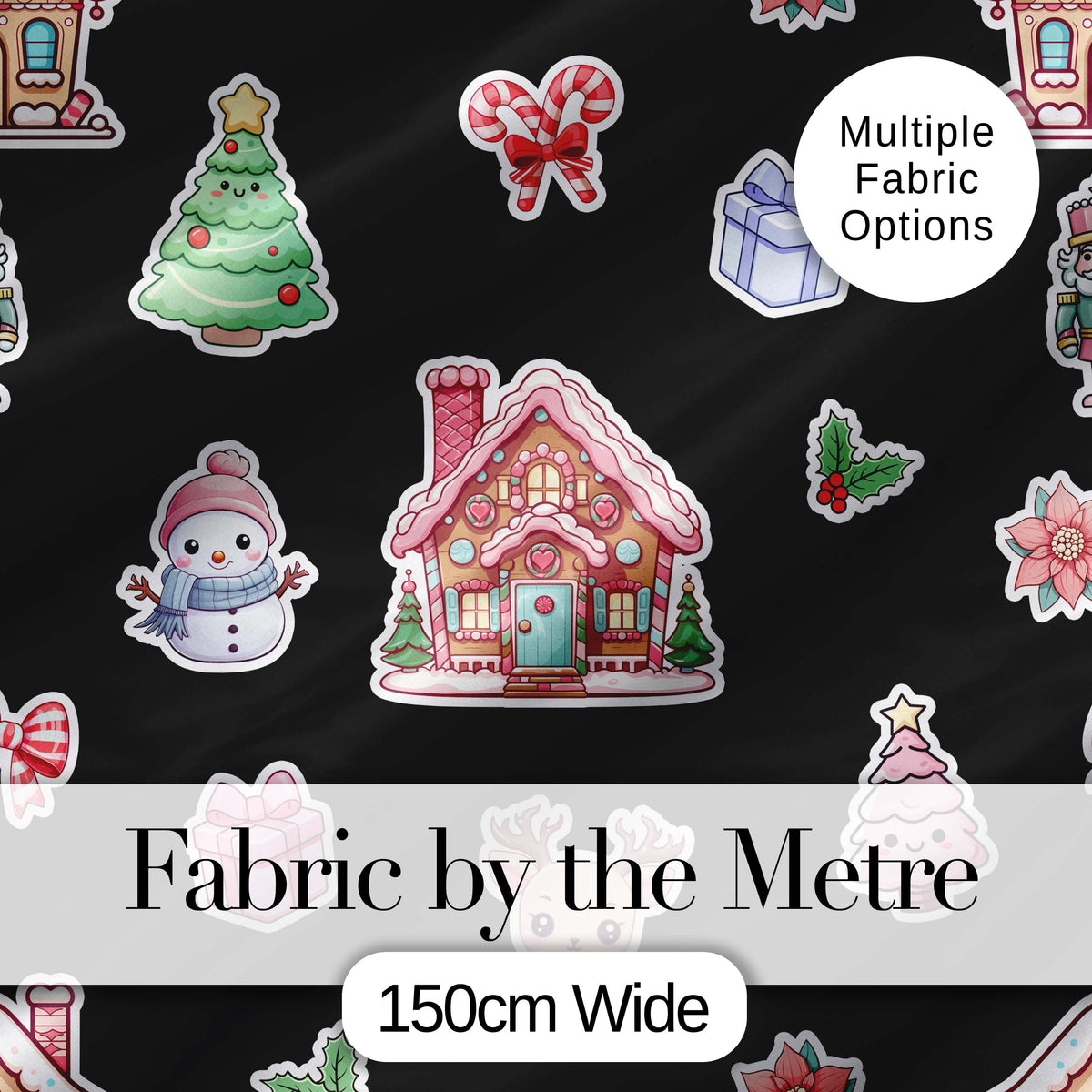 Christmas Gingerbread House Snowman Deer Seamless Pattern Black Background Digital Print Fabric by the Metre UK Sewing Quilting Textile