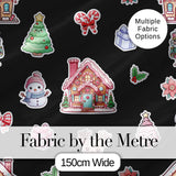 Christmas Gingerbread House Snowman Deer Seamless Pattern Black Background Digital Print Fabric by the Metre UK Sewing Quilting Textile