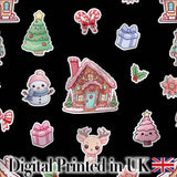 Christmas Gingerbread House Snowman Deer Seamless Pattern Black Background Digital Print Fabric by the Metre UK Sewing Quilting Textile