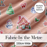 Christmas Gingerbread House Snowman Candy Seamless Pattern Peach Background Digital Print Fabric by the Metre UK Sewing Quilting Textile