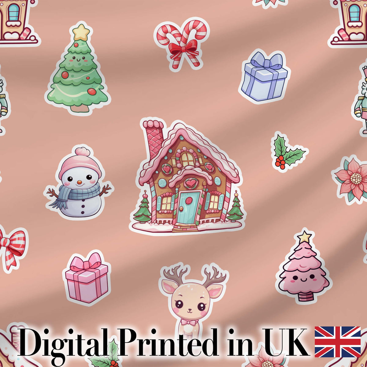 Christmas Gingerbread House Snowman Candy Seamless Pattern Peach Background Digital Print Fabric by the Metre UK Sewing Quilting Textile