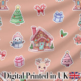 Christmas Gingerbread House Snowman Candy Seamless Pattern Peach Background Digital Print Fabric by the Metre UK Sewing Quilting Textile