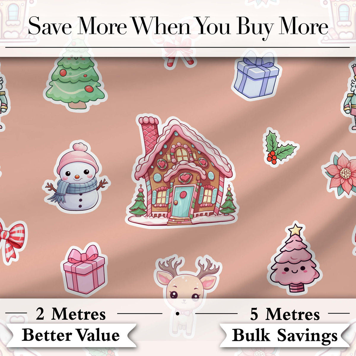 Christmas Gingerbread House Snowman Candy Seamless Pattern Peach Background Digital Print Fabric by the Metre UK Sewing Quilting Textile