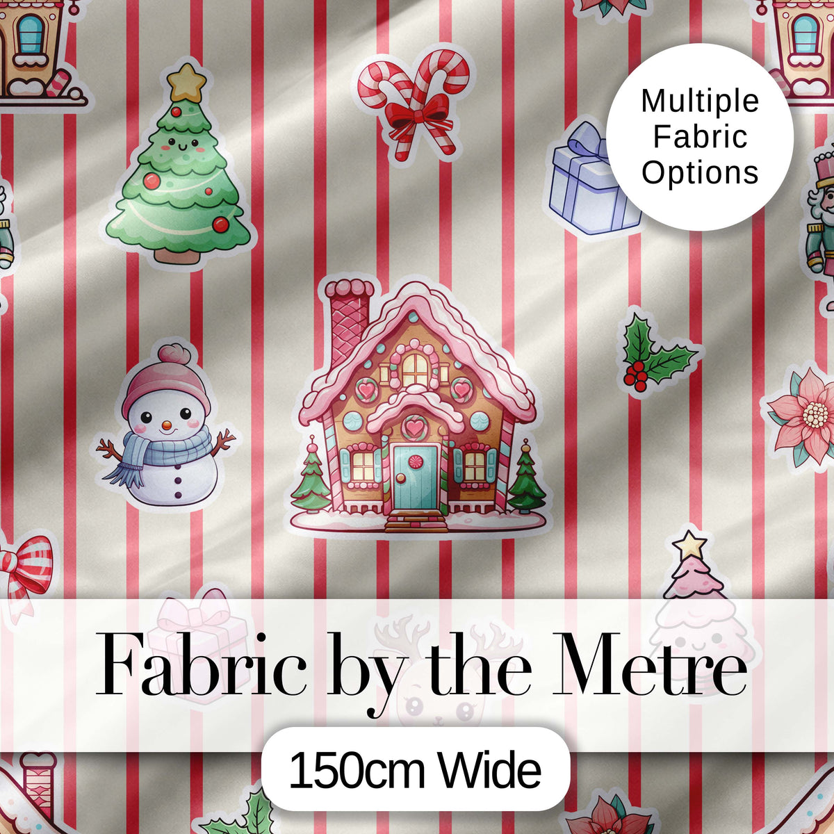 Christmas Gingerbread House Snowman Seamless Pattern Beige Stripe Background Digital Print Fabric by the Metre UK Sewing Quilting Textile