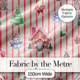 Christmas Gingerbread House Snowman Seamless Pattern Beige Stripe Background Digital Print Fabric by the Metre UK Sewing Quilting Textile