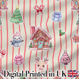 Christmas Gingerbread House Snowman Seamless Pattern Beige Stripe Background Digital Print Fabric by the Metre UK Sewing Quilting Textile