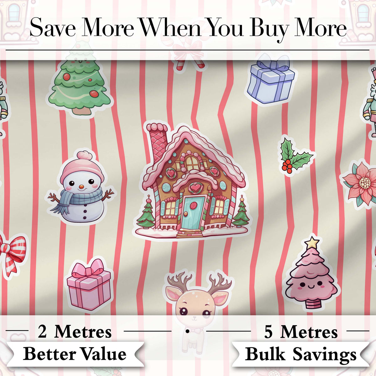 Christmas Gingerbread House Snowman Seamless Pattern Beige Stripe Background Digital Print Fabric by the Metre UK Sewing Quilting Textile
