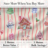 Christmas Gingerbread House Snowman Seamless Pattern Beige Stripe Background Digital Print Fabric by the Metre UK Sewing Quilting Textile
