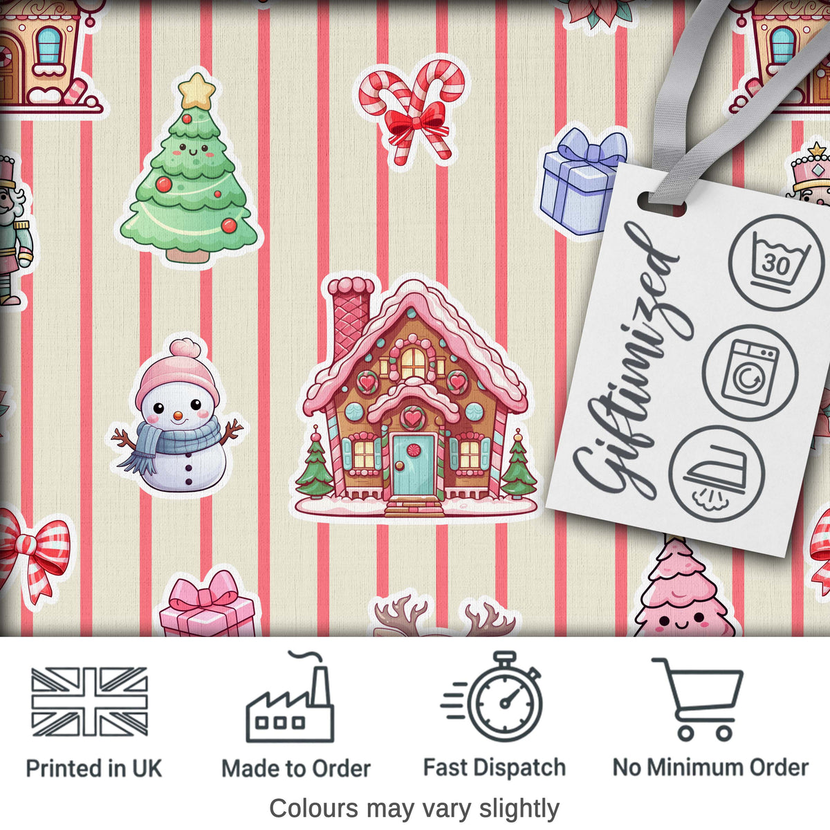 Christmas Gingerbread House Snowman Seamless Pattern Beige Stripe Background Digital Print Fabric by the Metre UK Sewing Quilting Textile