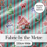Christmas Gingerbread House Snowman   Seamless Pattern Mint Stripe Background Digital Print Fabric by the Metre UK Sewing Quilting Textile