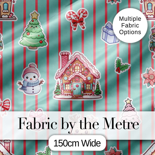 Christmas Gingerbread House Snowman   Seamless Pattern Mint Stripe Background Digital Print Fabric by the Metre UK Sewing Quilting Textile