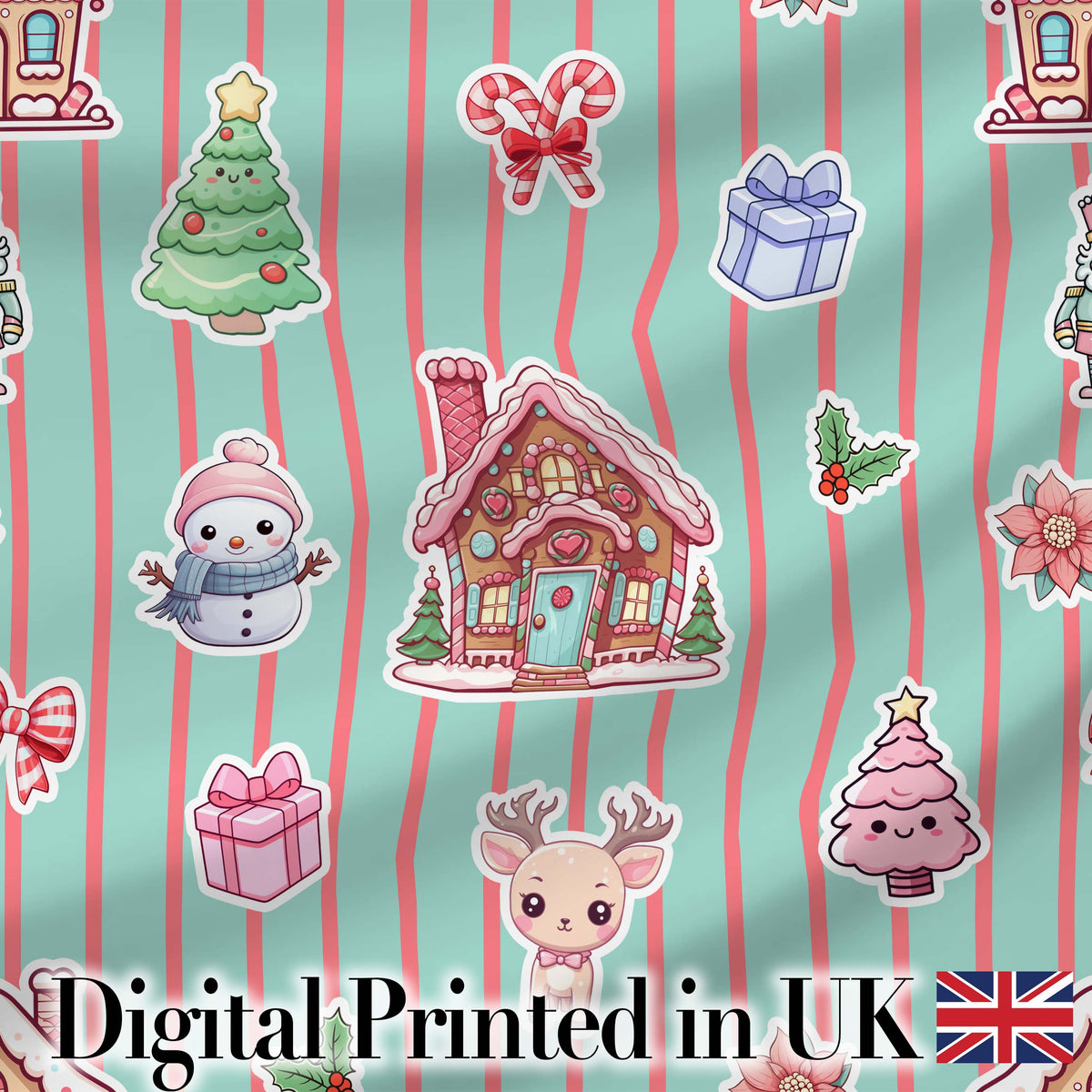 Christmas Gingerbread House Snowman   Seamless Pattern Mint Stripe Background Digital Print Fabric by the Metre UK Sewing Quilting Textile