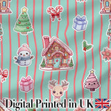 Christmas Gingerbread House Snowman   Seamless Pattern Mint Stripe Background Digital Print Fabric by the Metre UK Sewing Quilting Textile