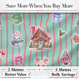 Christmas Gingerbread House Snowman   Seamless Pattern Mint Stripe Background Digital Print Fabric by the Metre UK Sewing Quilting Textile
