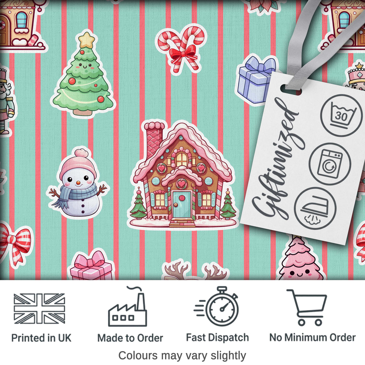 Christmas Gingerbread House Snowman   Seamless Pattern Mint Stripe Background Digital Print Fabric by the Metre UK Sewing Quilting Textile