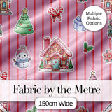 Christmas Gingerbread House Snowman   Seamless Pattern Rose Stripe Background Digital Print Fabric by the Metre UK Sewing Quilting Textile