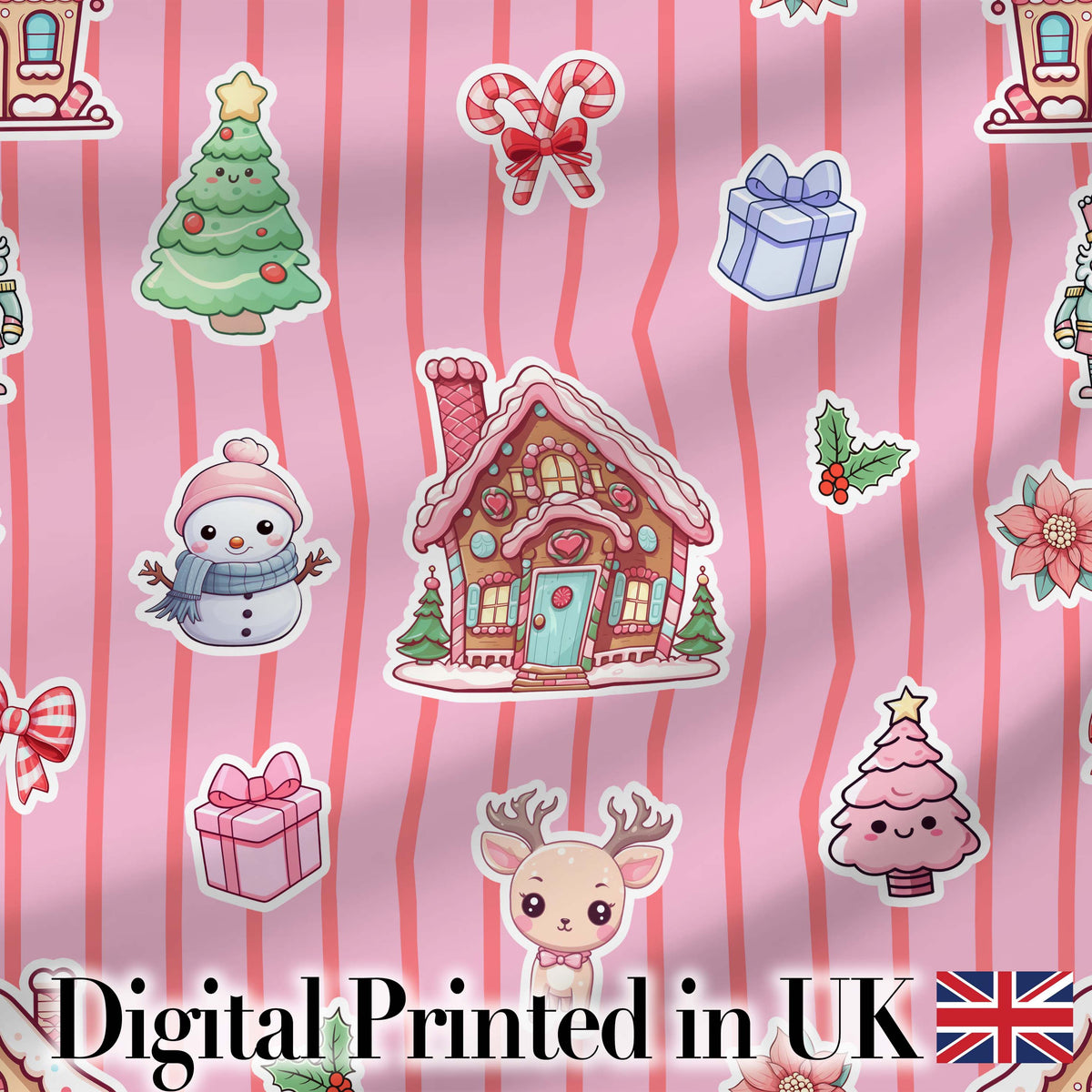 Christmas Gingerbread House Snowman   Seamless Pattern Rose Stripe Background Digital Print Fabric by the Metre UK Sewing Quilting Textile