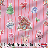 Christmas Gingerbread House Snowman   Seamless Pattern Rose Stripe Background Digital Print Fabric by the Metre UK Sewing Quilting Textile