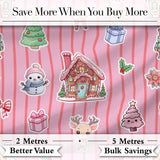 Christmas Gingerbread House Snowman   Seamless Pattern Rose Stripe Background Digital Print Fabric by the Metre UK Sewing Quilting Textile