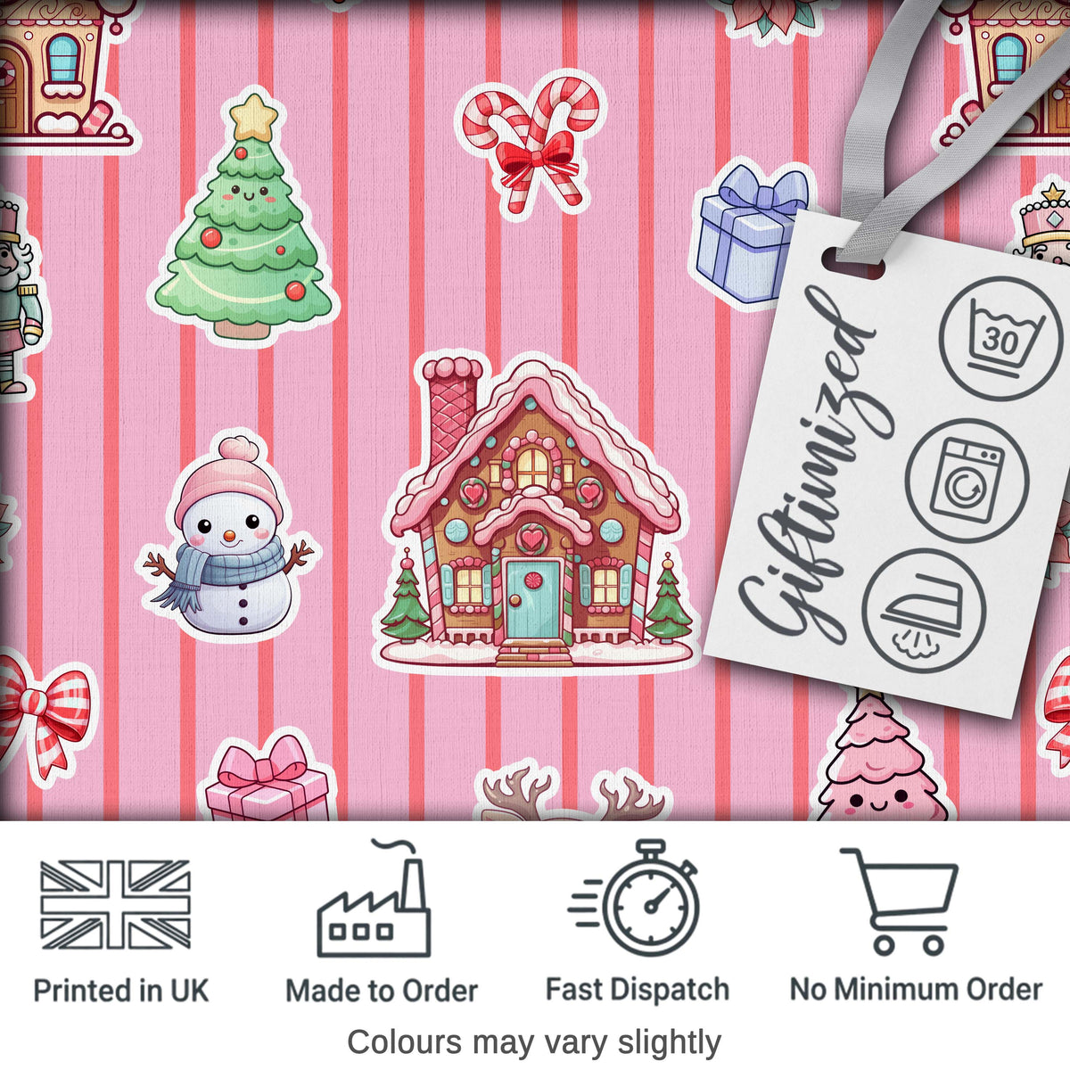 Christmas Gingerbread House Snowman   Seamless Pattern Rose Stripe Background Digital Print Fabric by the Metre UK Sewing Quilting Textile