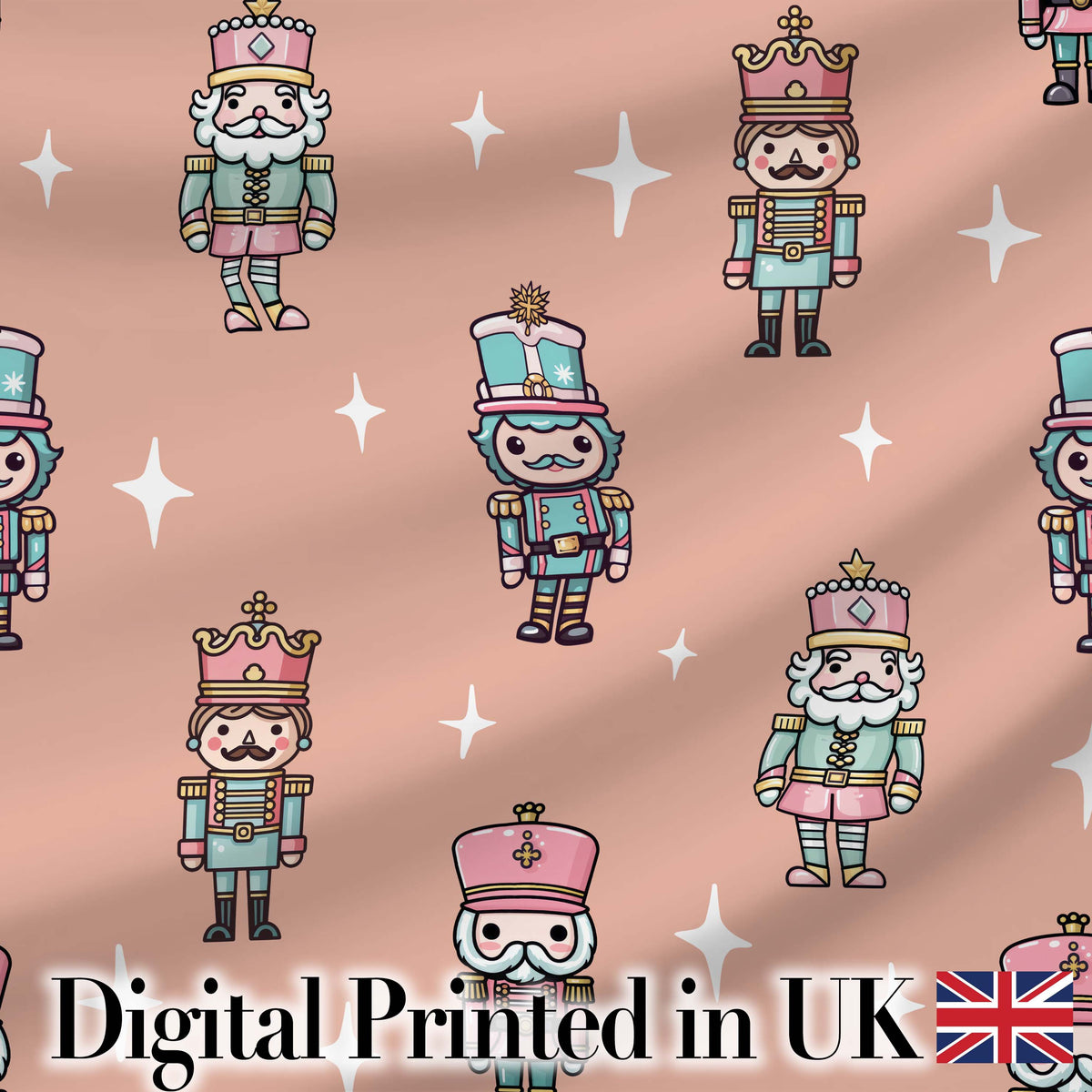 Nutcracker Soldiers Pastel Christmas  Seamless Pattern Peach Background Digital Print Fabric by the Metre UK Sewing Quilting Textile