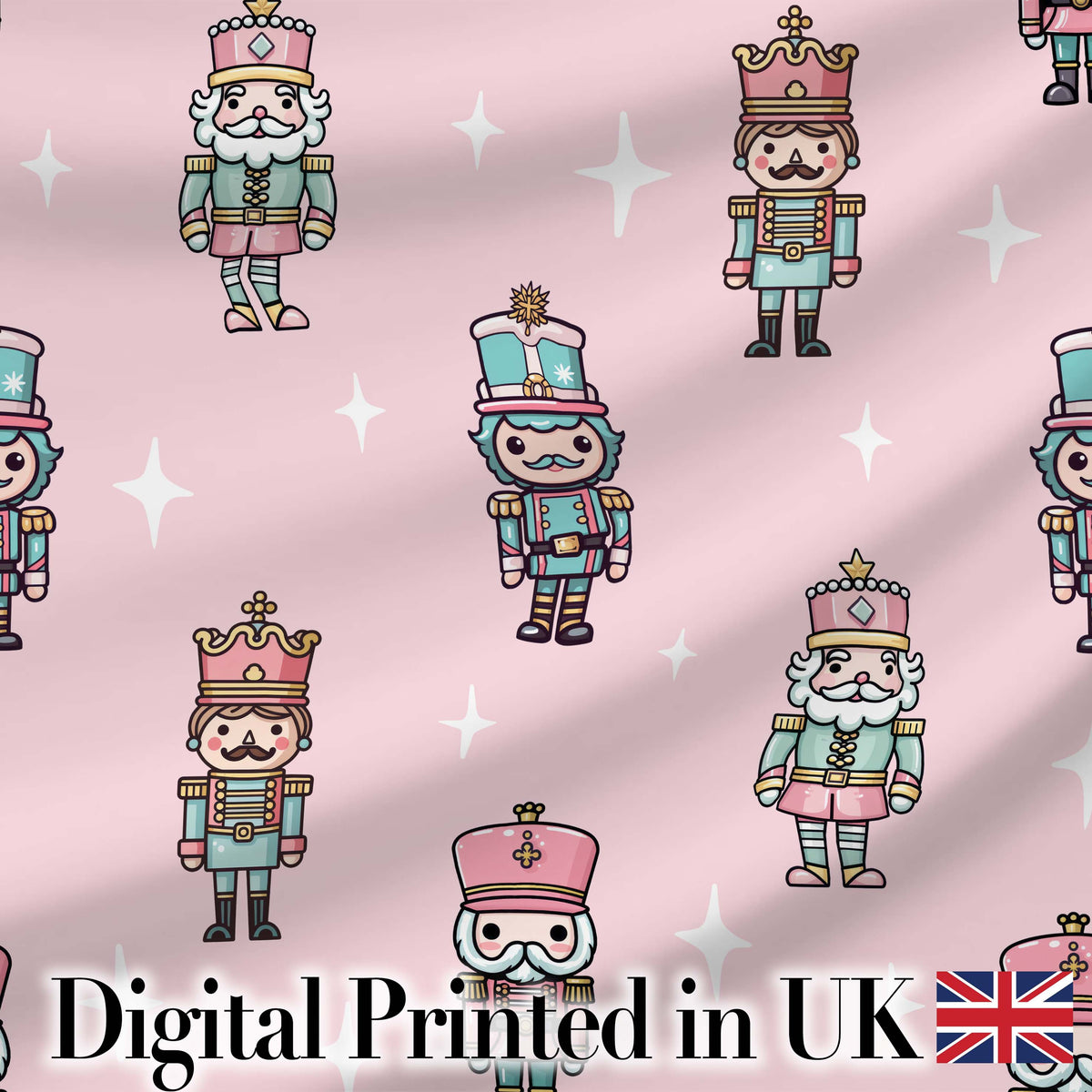 Nutcracker Soldiers Pastel Christmas  Seamless Pattern Pink Background Digital Print Fabric by the Metre UK Sewing Quilting Textile