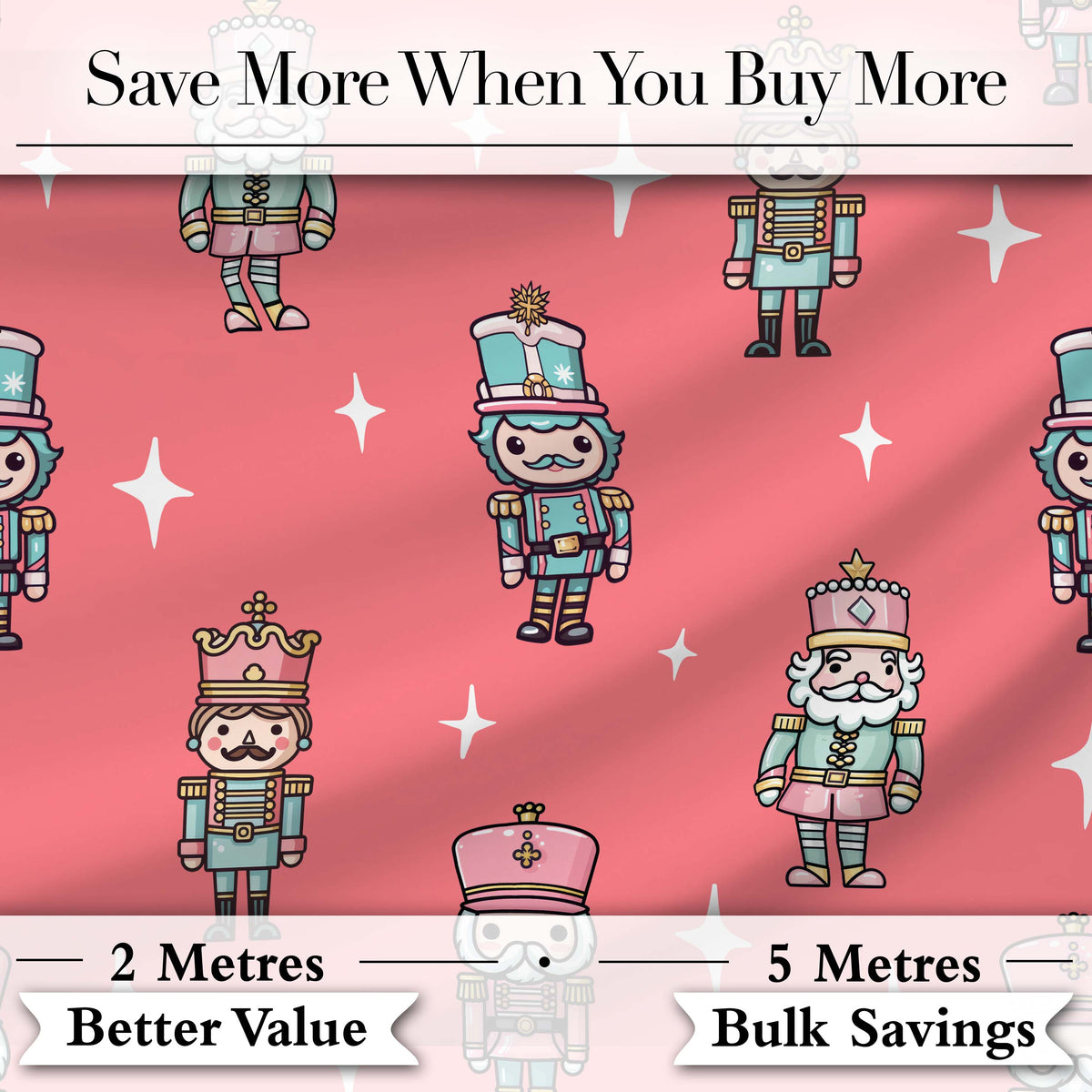 Pastel Nutcracker Soldiers Christmas  Seamless Pattern Coral Background Digital Print Fabric by the Metre UK Sewing Quilting Textile