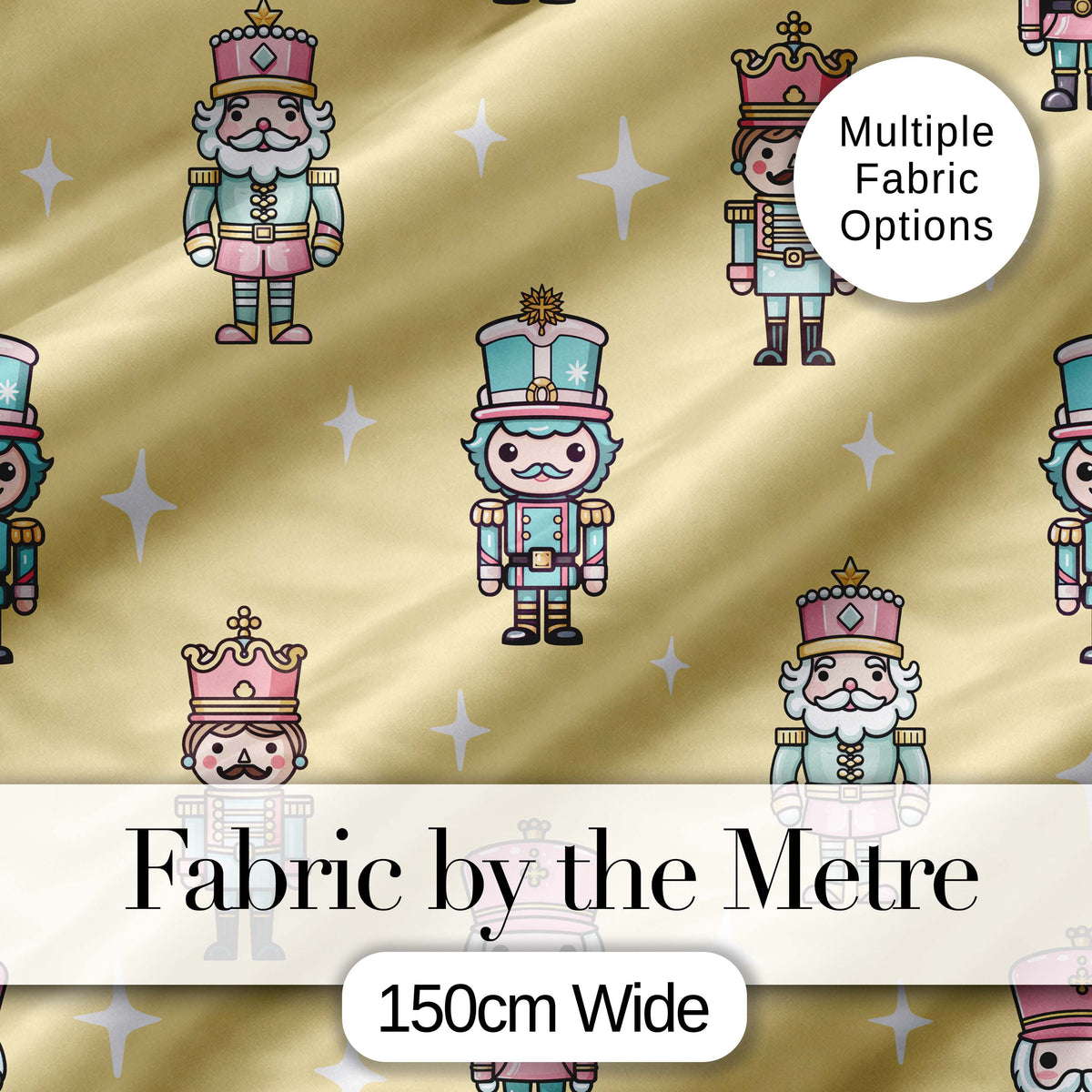 Pastel Nutcracker Soldiers Christmas  Seamless Pattern Gold Background Digital Print Fabric by the Metre UK Sewing Quilting Textile