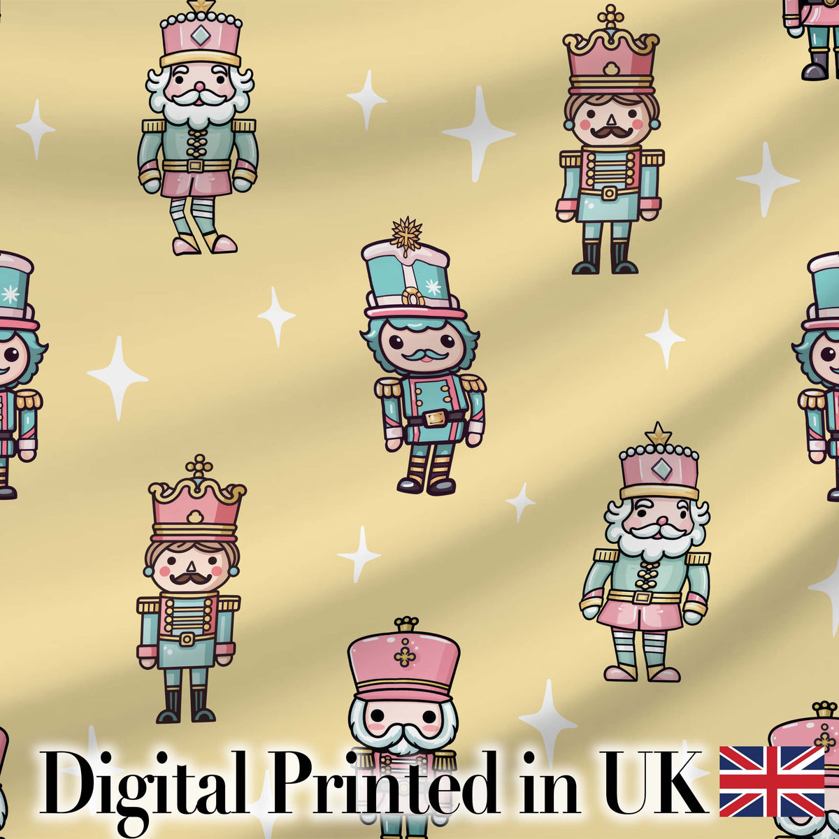 Pastel Nutcracker Soldiers Christmas  Seamless Pattern Gold Background Digital Print Fabric by the Metre UK Sewing Quilting Textile