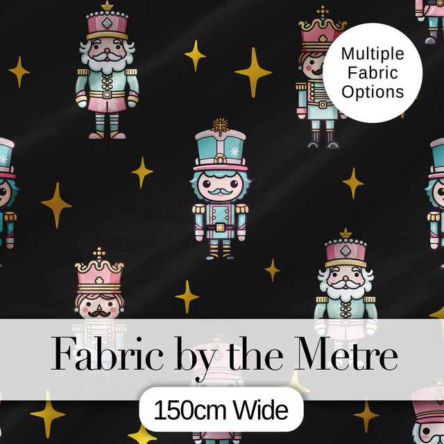 Pastel Nutcracker Soldiers Christmas  Seamless Pattern Black Star Background Digital Print Fabric by the Metre UK Sewing Quilting Textile