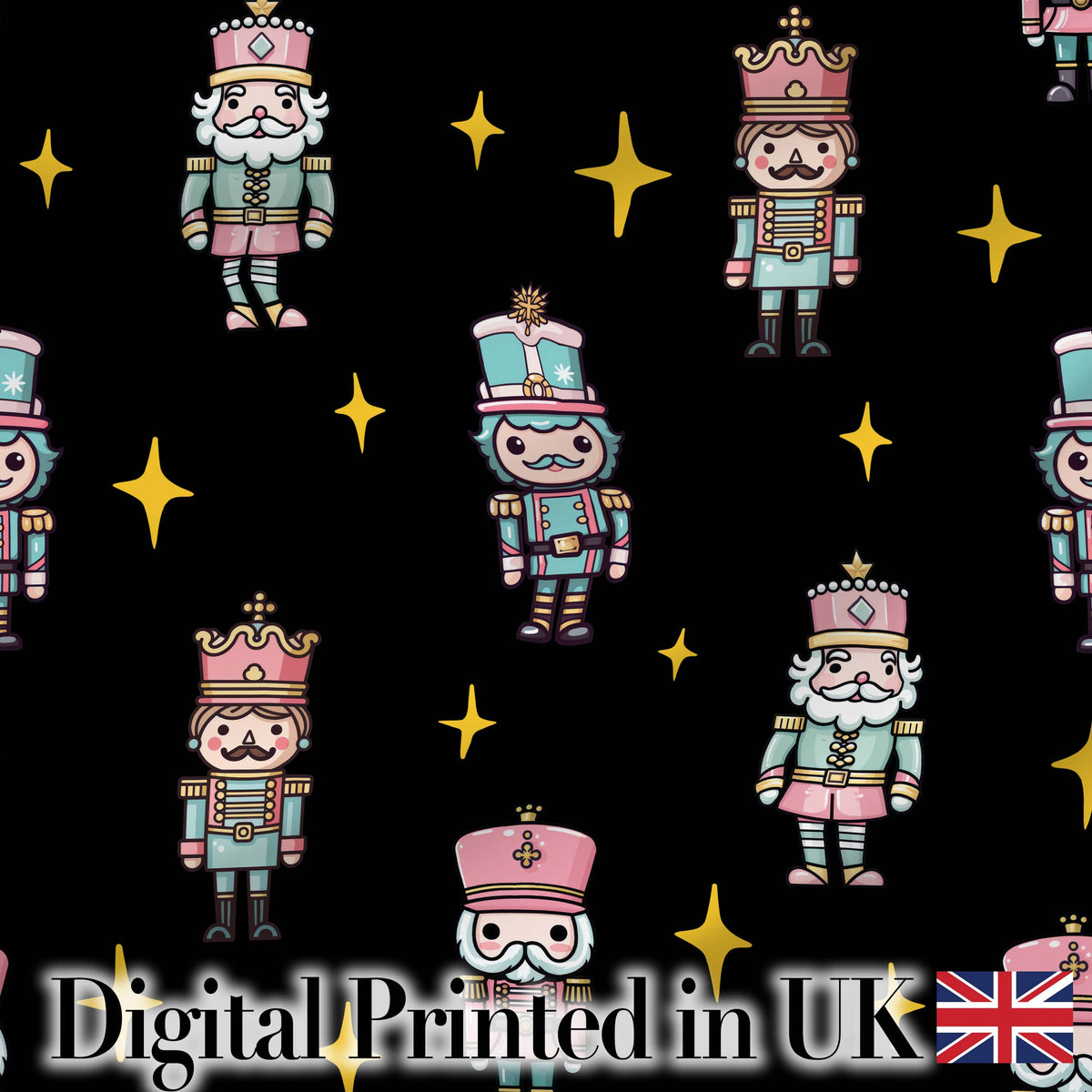 Pastel Nutcracker Soldiers Christmas  Seamless Pattern Black Star Background Digital Print Fabric by the Metre UK Sewing Quilting Textile