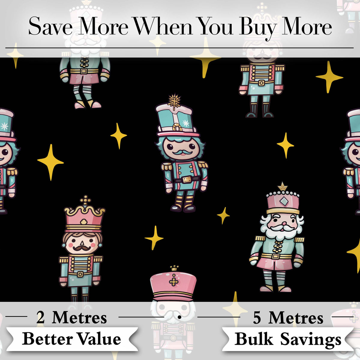 Pastel Nutcracker Soldiers Christmas  Seamless Pattern Black Star Background Digital Print Fabric by the Metre UK Sewing Quilting Textile