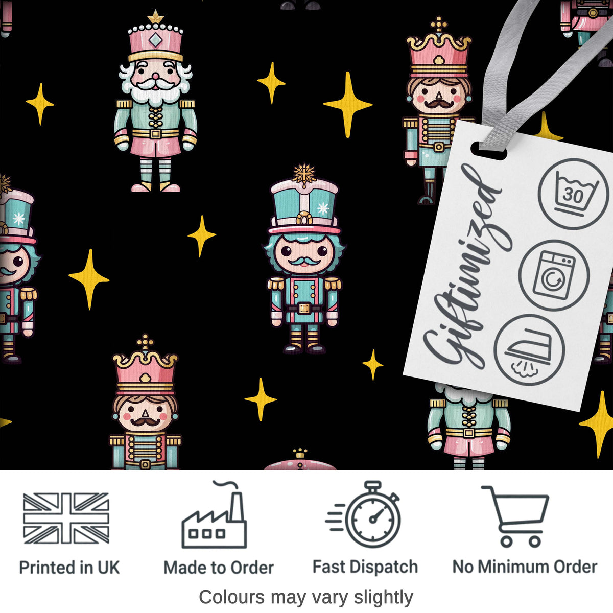 Pastel Nutcracker Soldiers Christmas  Seamless Pattern Black Star Background Digital Print Fabric by the Metre UK Sewing Quilting Textile