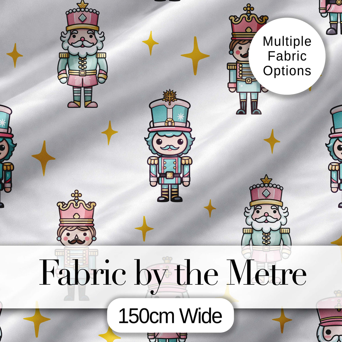 Pastel Nutcracker Soldiers Christmas  Seamless Pattern White Star Background Digital Print Fabric by the Metre UK Sewing Quilting Textile