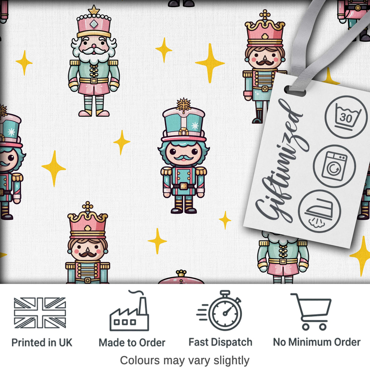 Pastel Nutcracker Soldiers Christmas  Seamless Pattern White Star Background Digital Print Fabric by the Metre UK Sewing Quilting Textile